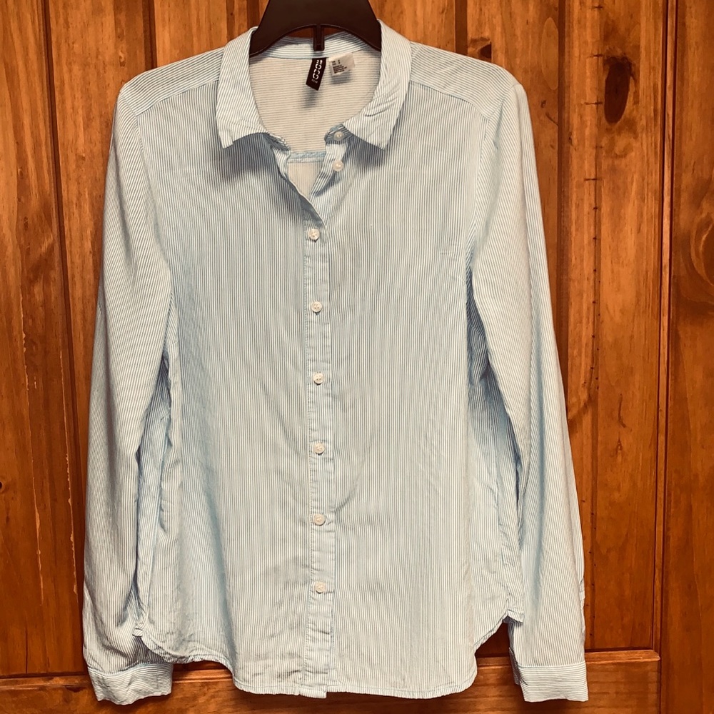 Blue and white striped button up